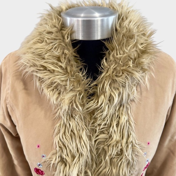 Vintage 90's H&M Tan Faux Suede Embroidered Faux Fur Jacket Coat Size 9/10Y - Picture 7 of 12